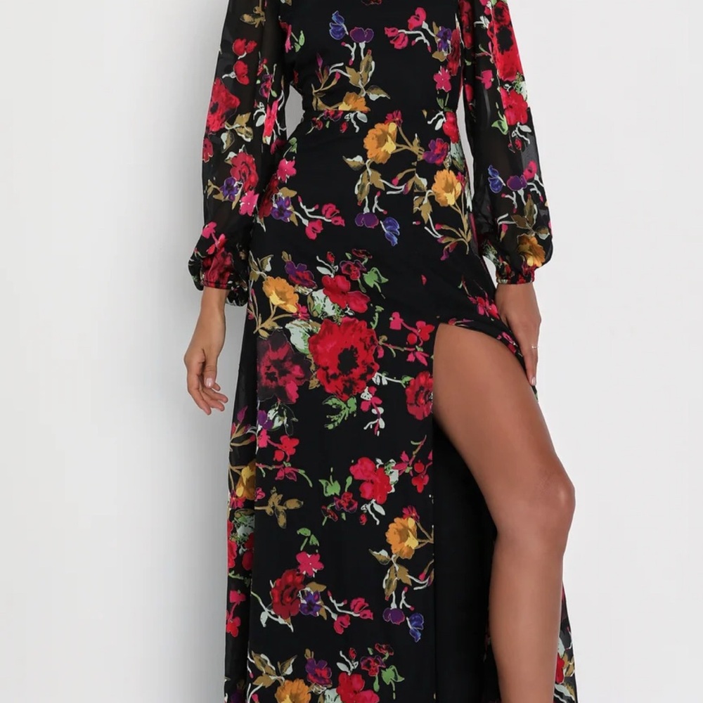 Lulu's Black Floral Long Sleeve Maxi Dress - Picture 3 of 3